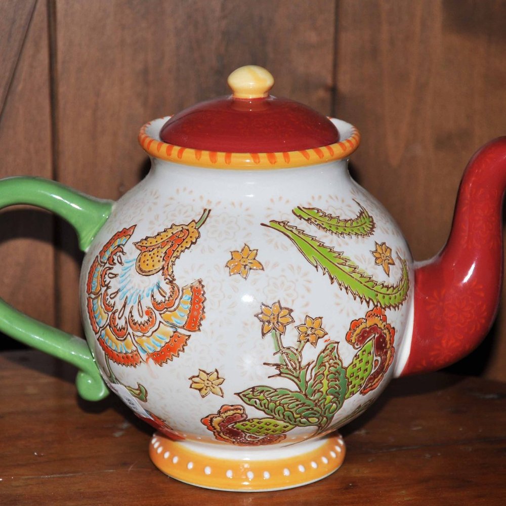 Vintage Artistic Accents Japanese Style Colorful Orange & Green Whimsical Teapot